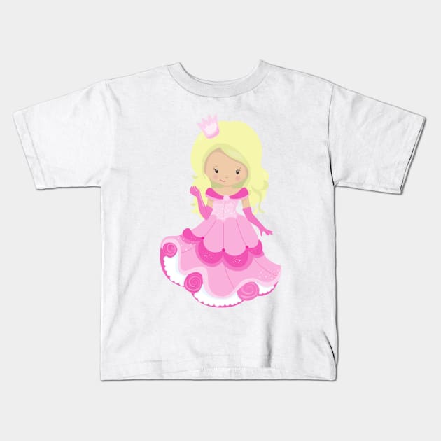 Cute Princess, Crown, Pink Dress, Blonde Hair Kids T-Shirt by Jelena Dunčević